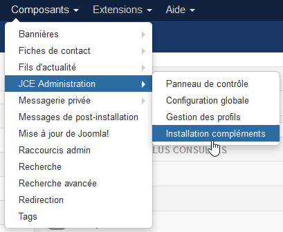 JCE - Menu installation compléments