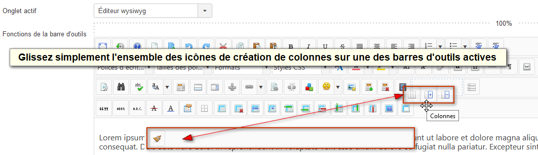 Profil JCE - Ajouter à la barre d'outils les icones Colonnes